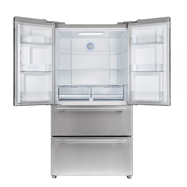 Forno Moena - 36 in. 19 cu.ft French Door Counter Depth Refrigerator in Stainless Steel (FFRBI1820-36SB) Doors Open and Interior Lighting Activated