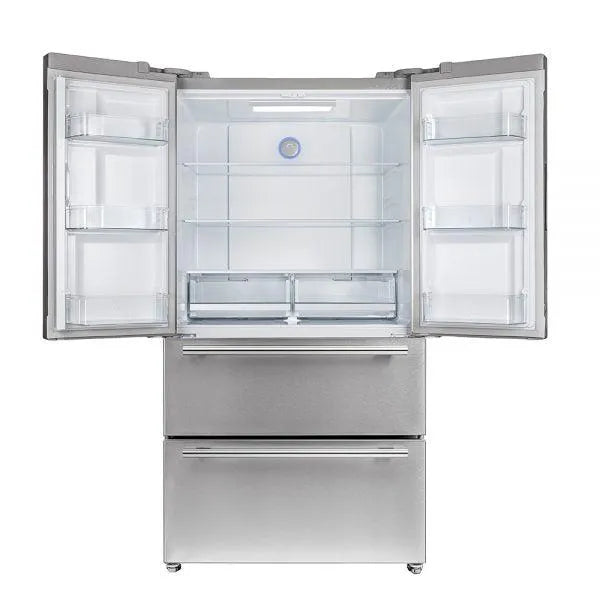 Forno Moena - 36 in. 19 cu.ft French Door Counter Depth Refrigerator in Stainless Steel (FFRBI1820-36SB) Doors Open and Interior Lighting Activated