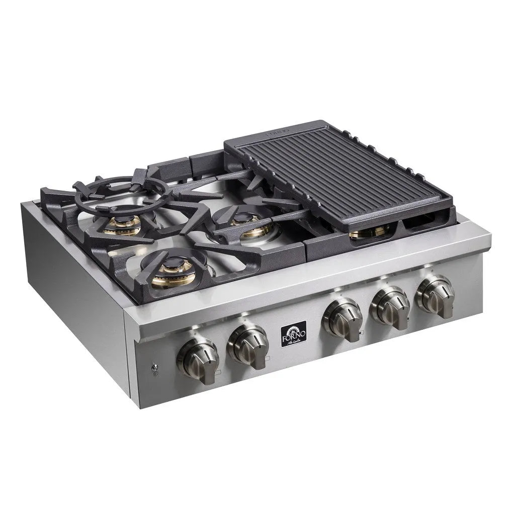 Forno Spezia 30 in. 5 Burner Gas Cooktop with Wok Ring and Griddle in Stainless Steel (FCTGS5751-30)-