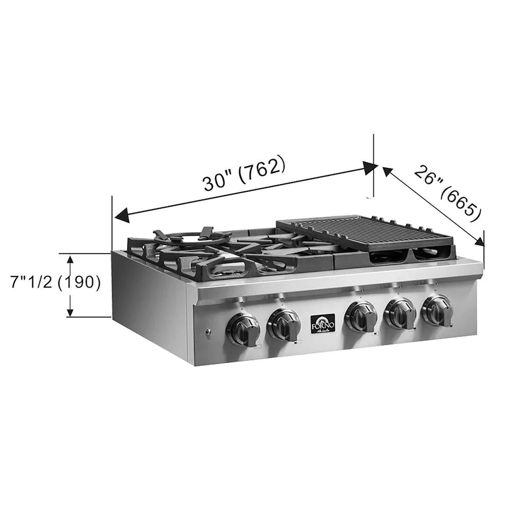 Forno Spezia 30 in. 5 Burner Gas Cooktop with Wok Ring and Griddle in Stainless Steel (FCTGS5751-30)-