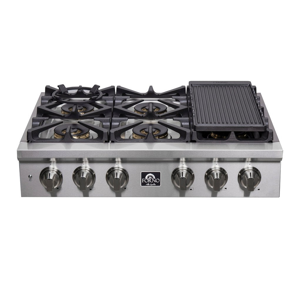 Forno Spezia 36 in. 6 Burner Gas Cooktop with Wok Ring and Griddle in Stainless Steel (FCTGS5751-36)-