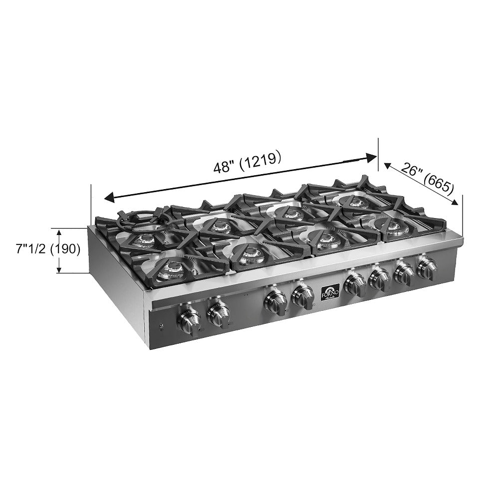 Forno Spezia 48 in. 8 Burner Gas Rangetop with Wok Ring and Griddle in Stainless Steel (FCTGS5751-48) dimensions.