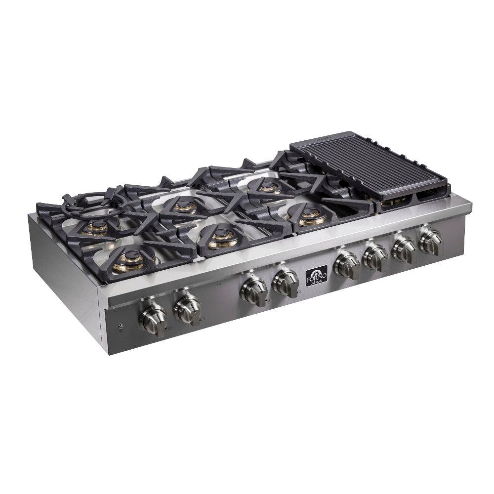 Forno Spezia 48 in. 8 Burner Gas Rangetop with Wok Ring and Griddle in Stainless Steel (FCTGS5751-48) side above, burners off.