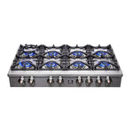 Forno Spezia 48 in. 8 Burner Gas Rangetop with Wok Ring and Griddle in Stainless Steel (FCTGS5751-48) front above, burners on.