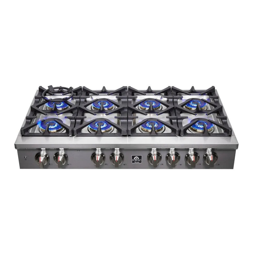 Forno Spezia 48 in. 8 Burner Gas Rangetop with Wok Ring and Griddle in Stainless Steel (FCTGS5751-48) front above, burners on.