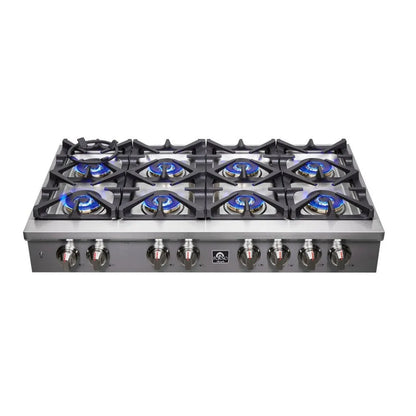 Forno Spezia 48 in. 8 Burner Gas Rangetop with Wok Ring and Griddle in Stainless Steel (FCTGS5751-48) front above, burners on.
