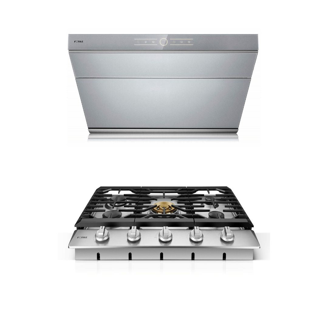Fotile 2-Piece Kitchen Package with Stainless Steel 30 in. Gas Cooktop and 30 in. 850 CFM Silver Gray Tempered Glass Wall Mount Range Hood with Touchscreen (JQG7501.G + GLS30501)