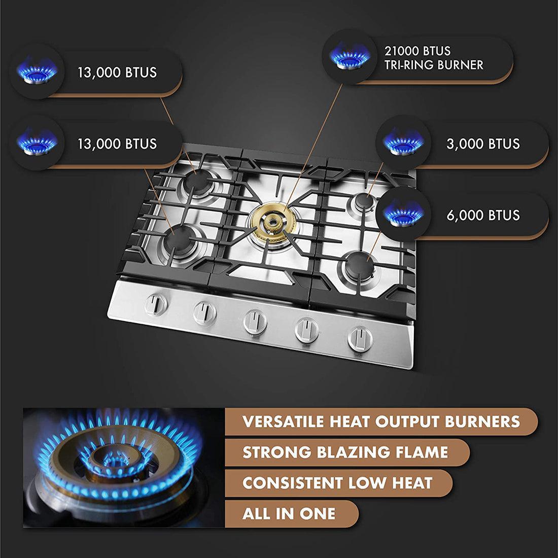 Fotile Tri-Ring Series 30 in. Gas Cooktop with 5 Burners in Stainless Steel (GLS30501)