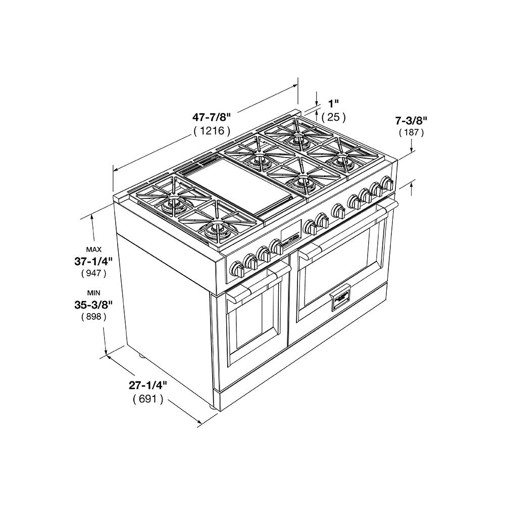 Fulgor Milano 48 in. 600 Series Dual Fuel Range with 6 Burners and Trilaminate Griddle in Stainless Steel (F6PDF486GS1)-