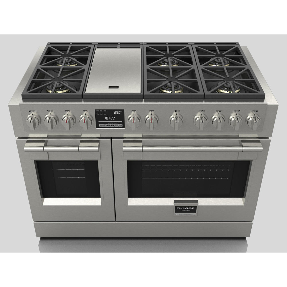 Fulgor Milano 48 in. 600 Series Dual Fuel Range with 6 Burners and Trilaminate Griddle in Stainless Steel (F6PDF486GS1)-