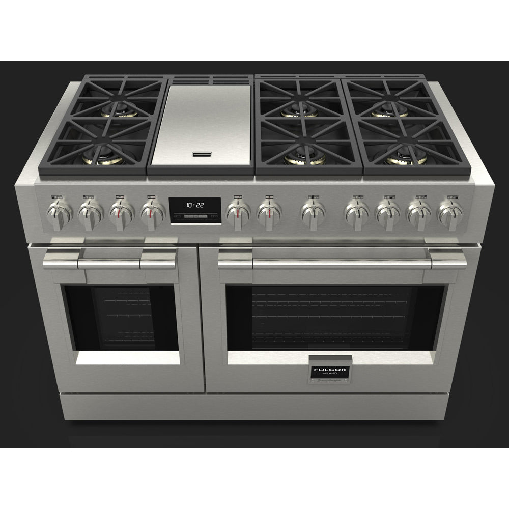 Fulgor Milano 48 in. 600 Series Pro All Gas Range with 6 Burners and Trilaminate Griddle in Stainless Steel (F6PGR486GS2)-