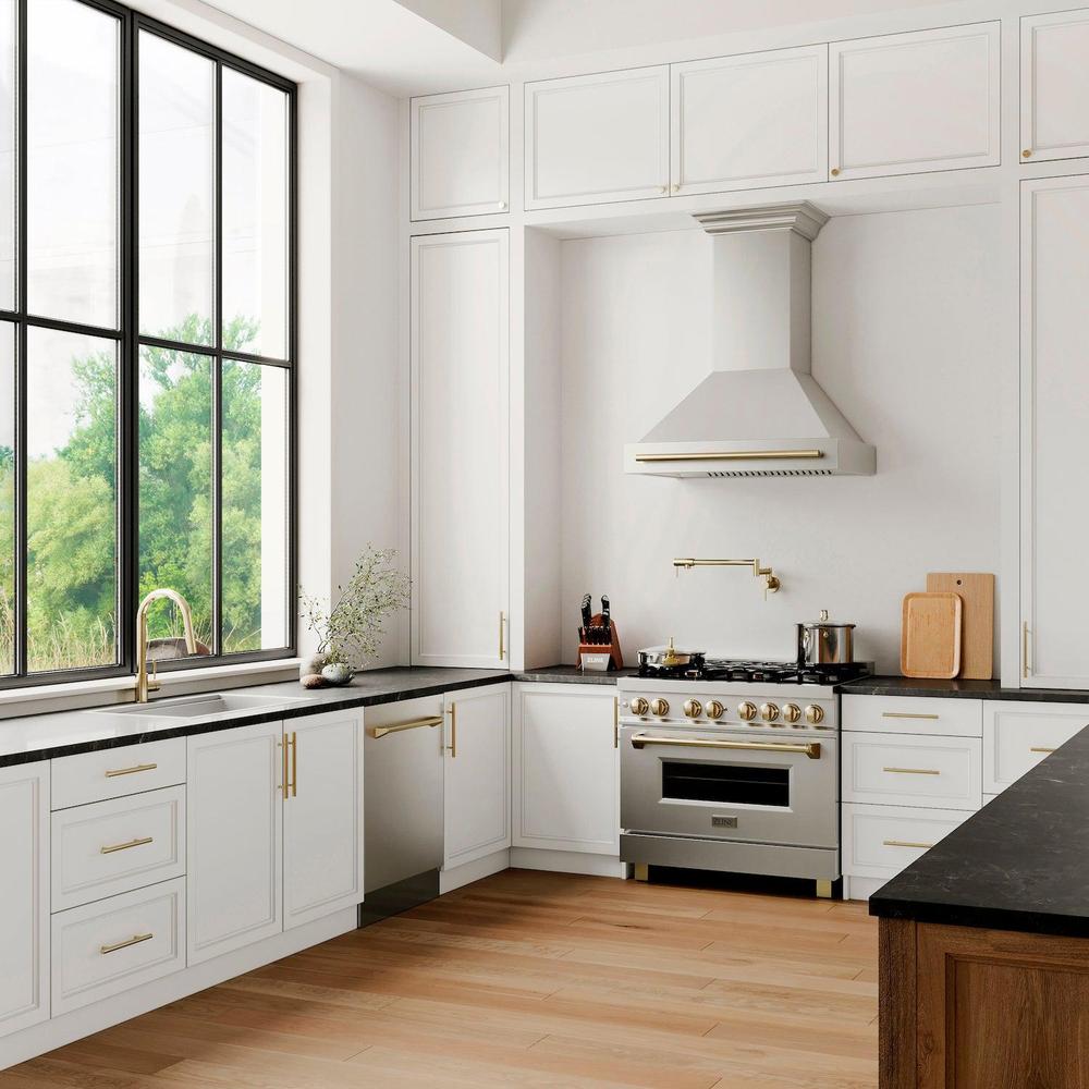 ZLINE 30 in. Garmisch Undermount Single Bowl Kitchen Sink with Bottom Grid and Accessories (SLS-30) in a luxury farmhouse-style kitchen with matching appliances and fixtures.