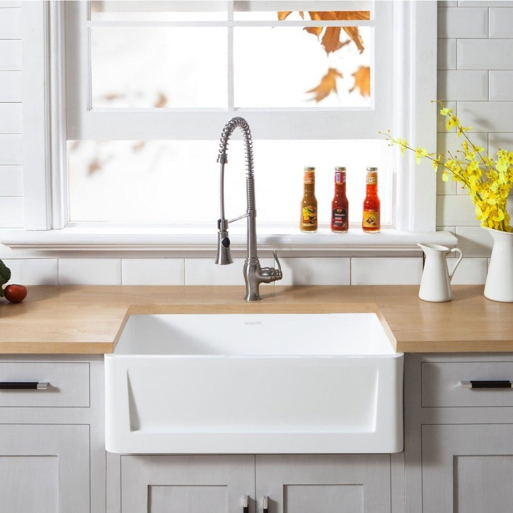 Kingston Brass 30 in. Solid Surface Matte Stone Apron Front Farmhouse Single Bowl Kitchen Sink, Matte White 