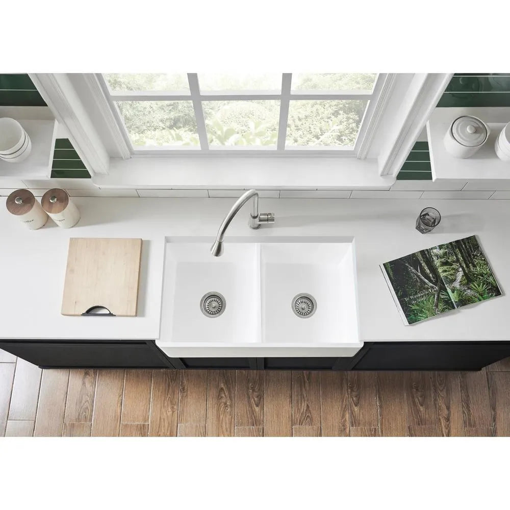 Kingston Brass 33 in. Solid Surface Double Bowl Farmhouse Kitchen Sink, Matte White (GKFA331810BCD) 