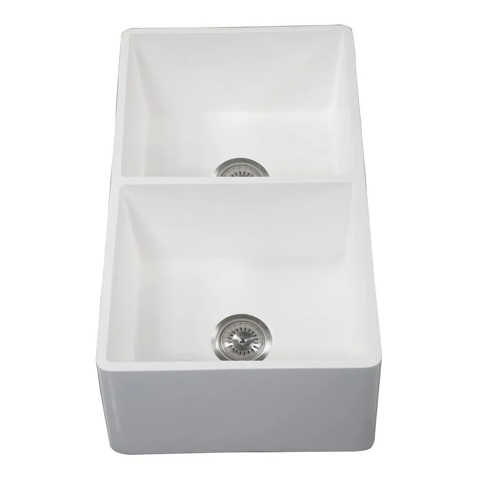 Kingston Brass 33 in. Solid Surface Double Bowl Farmhouse Kitchen Sink, Matte White (GKFA331810BCD) 