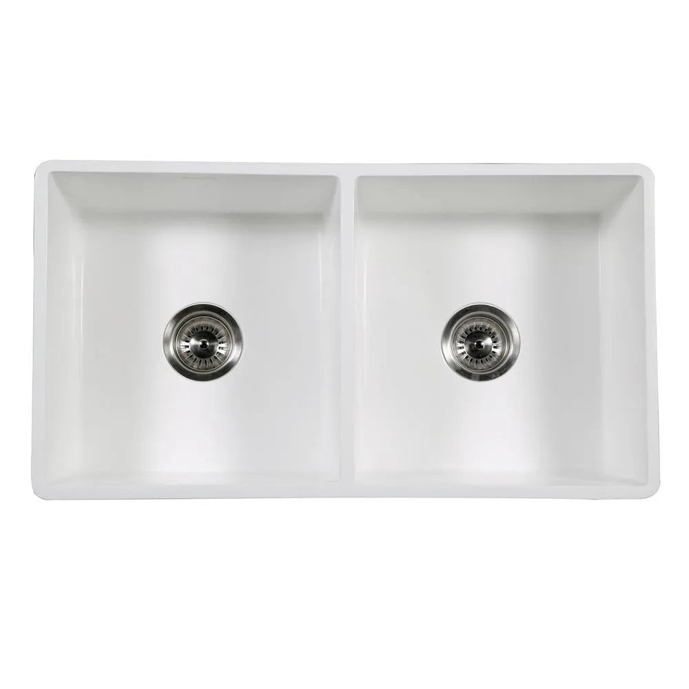 Kingston Brass 33 in. Solid Surface Double Bowl Farmhouse Kitchen Sink, Matte White (GKFA331810BCD) 