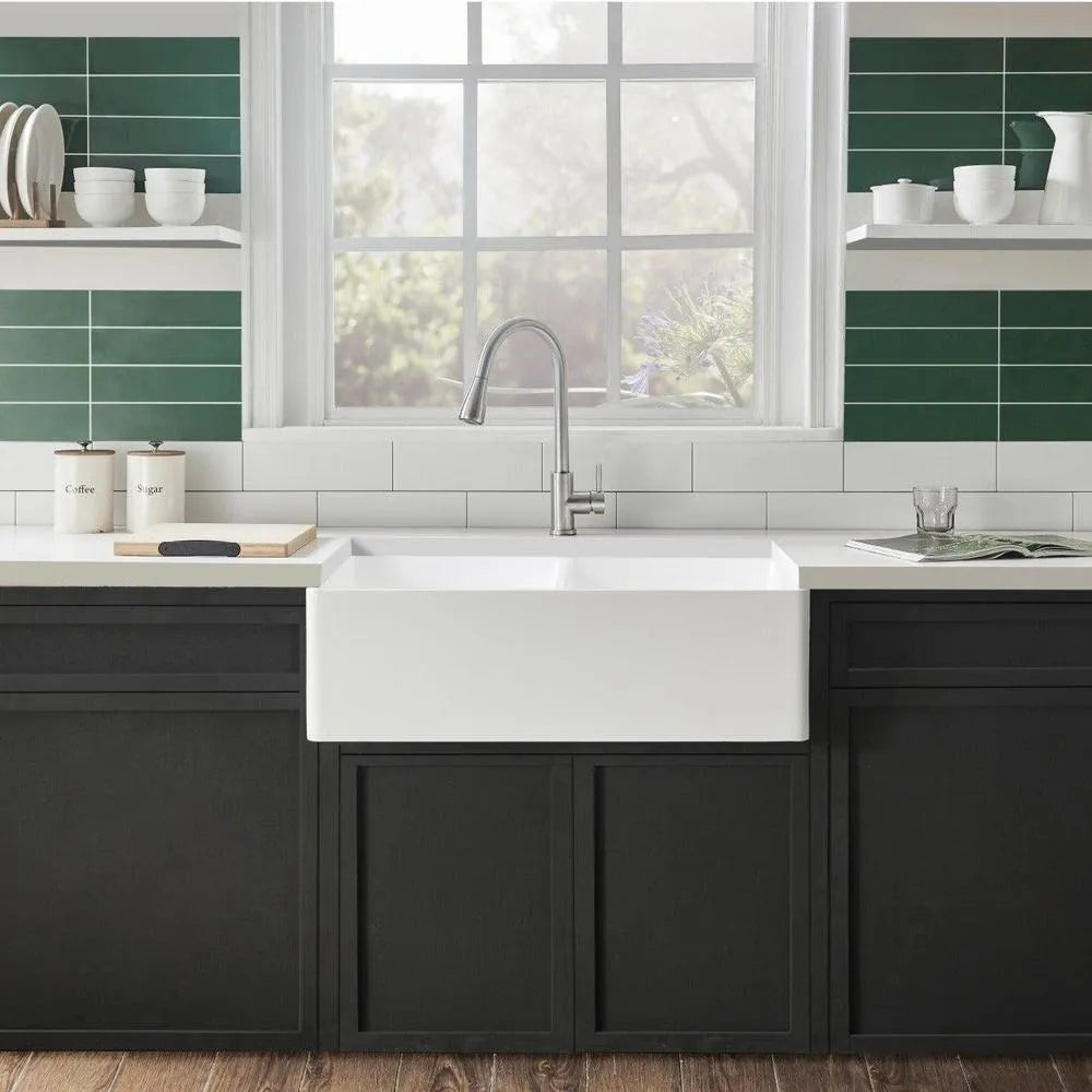Kingston Brass 33 in. Solid Surface Double Bowl Farmhouse Kitchen Sink, Matte White (GKFA331810BCD) 