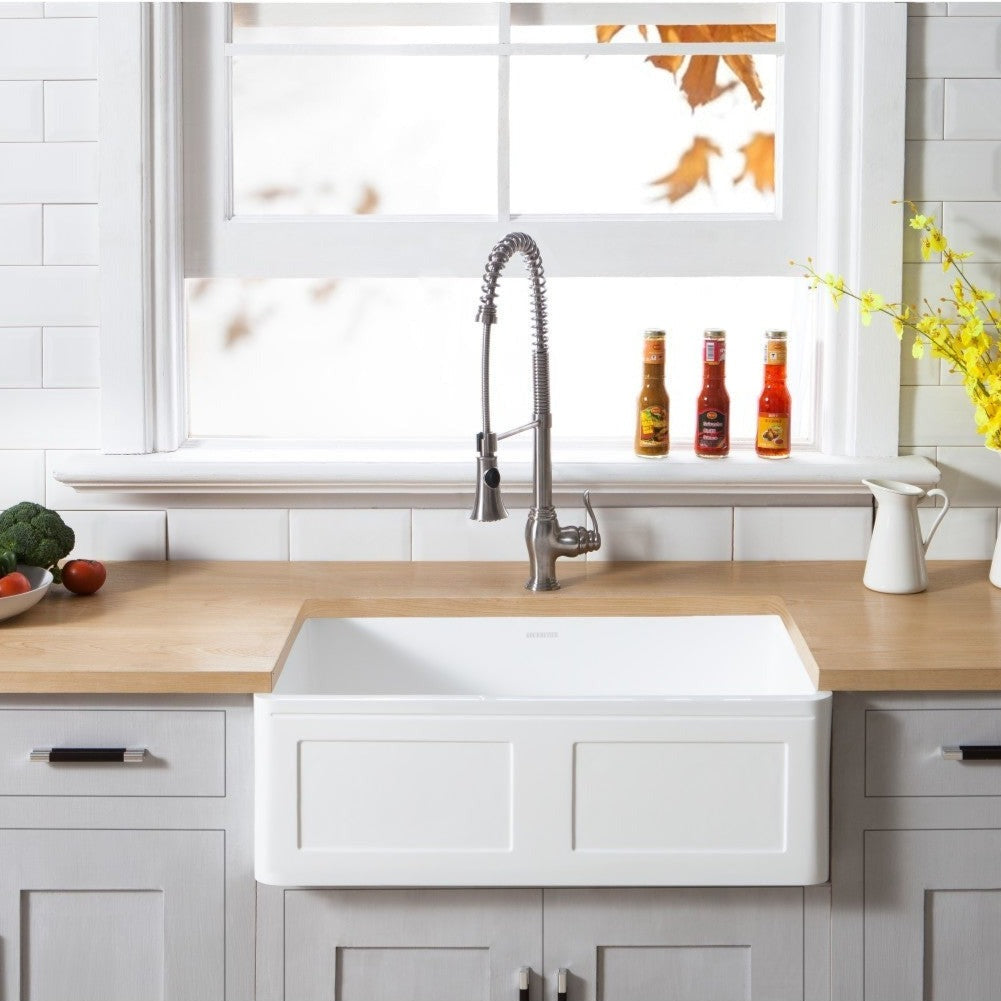 Kingston Brass 33 in. Solid Surface Matte Stone Apron Front Farmhouse Single Bowl Kitchen Sink, Matte White (GKFA331810DS) 