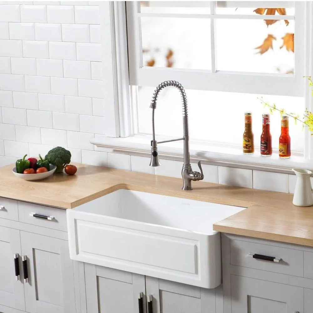 Kingston Brass 33 in. Solid Surface Matte Stone Apron Front Farmhouse Single Bowl Kitchen Sink, Matte White 
