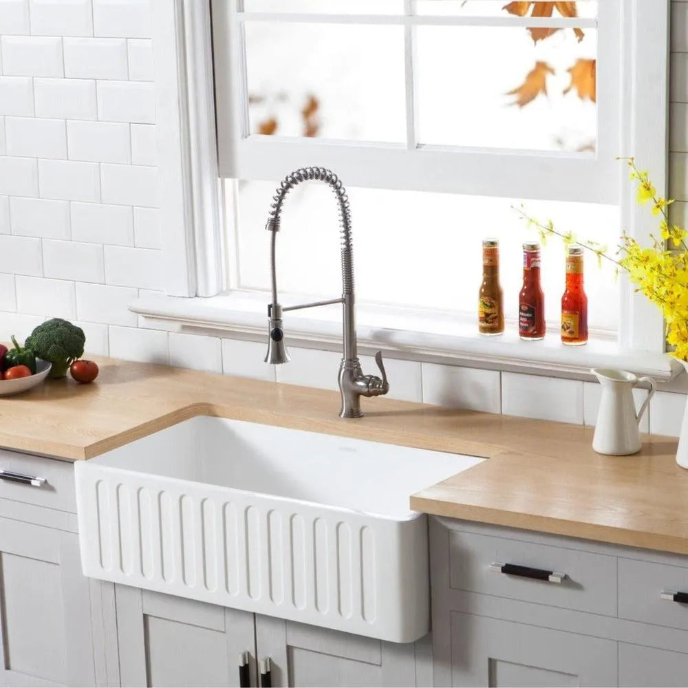 Kingston Brass 33 in. Solid Surface Matte Stone Apron Front Farmhouse Single Bowl Kitchen Sink, Matte White 