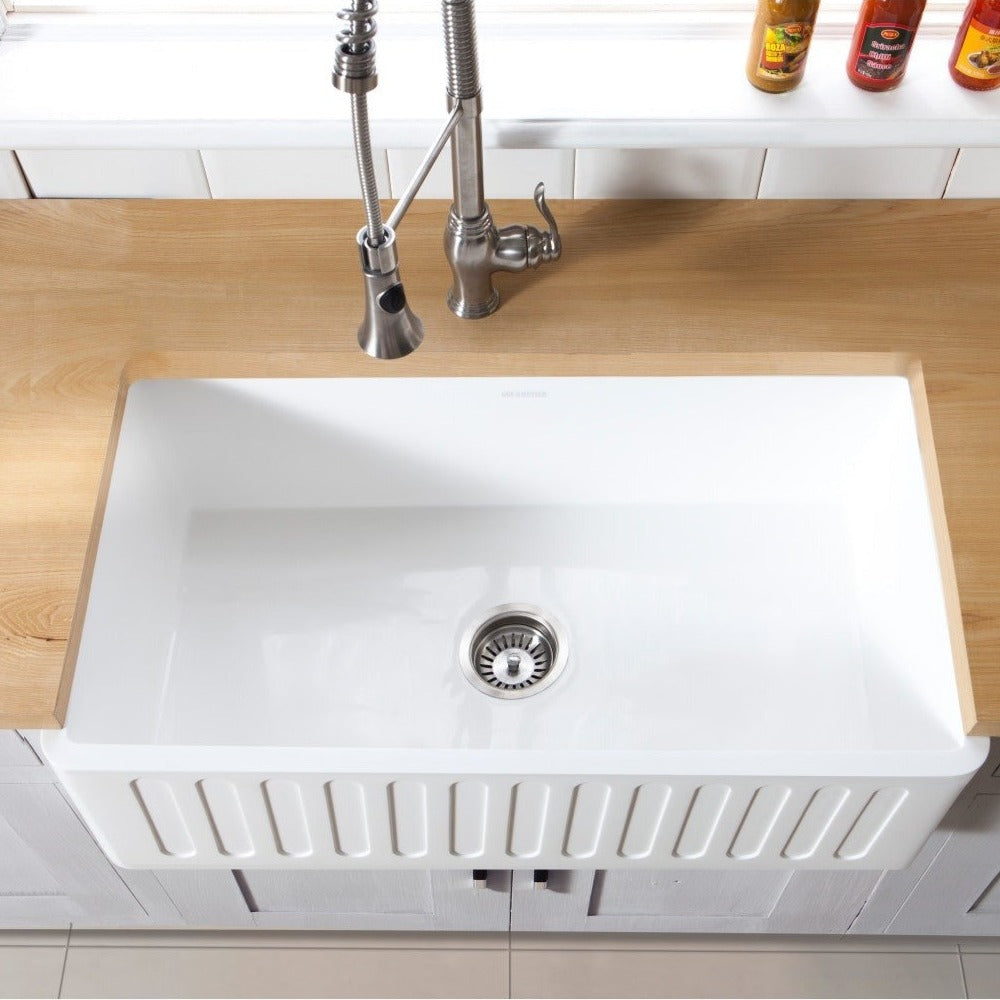 Kingston Brass 33 in. Solid Surface Matte Stone Apron Front Farmhouse Single Bowl Kitchen Sink, Matte White 