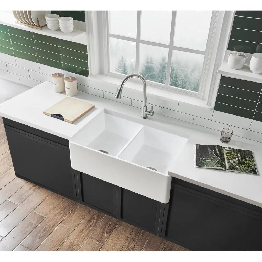 Kingston Brass 36 in. Solid Surface Double Bowl Farmhouse Kitchen Sink, Matte White Matte White