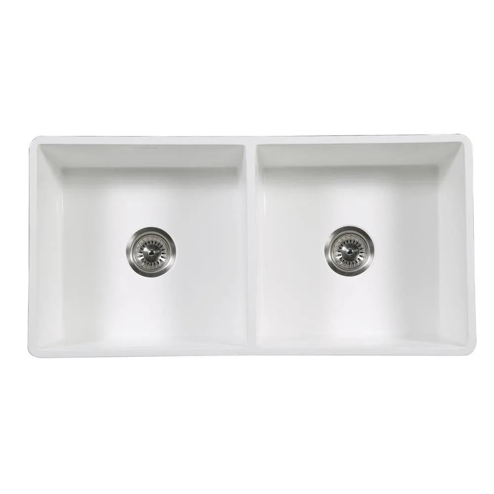Kingston Brass 36 in. Solid Surface Double Bowl Farmhouse Kitchen Sink, Matte White Matte White