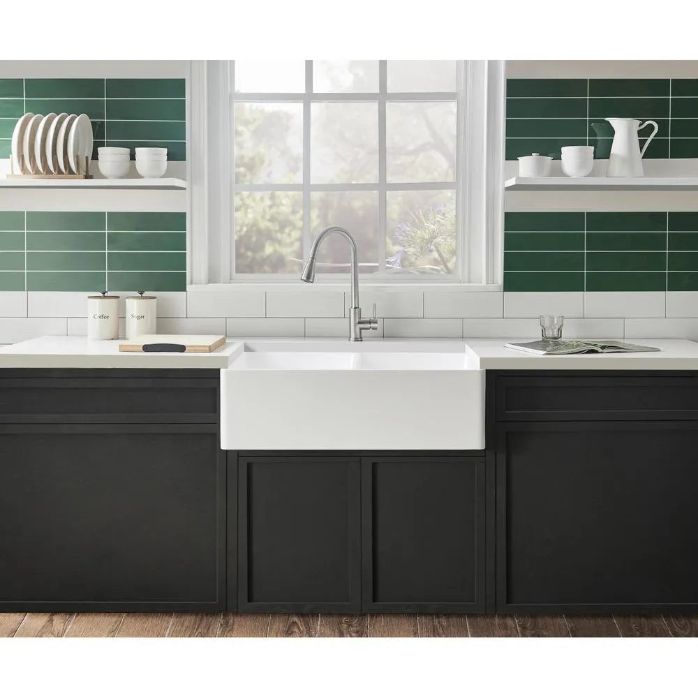 Kingston Brass 36 in. Solid Surface Double Bowl Farmhouse Kitchen Sink, Matte White Matte White