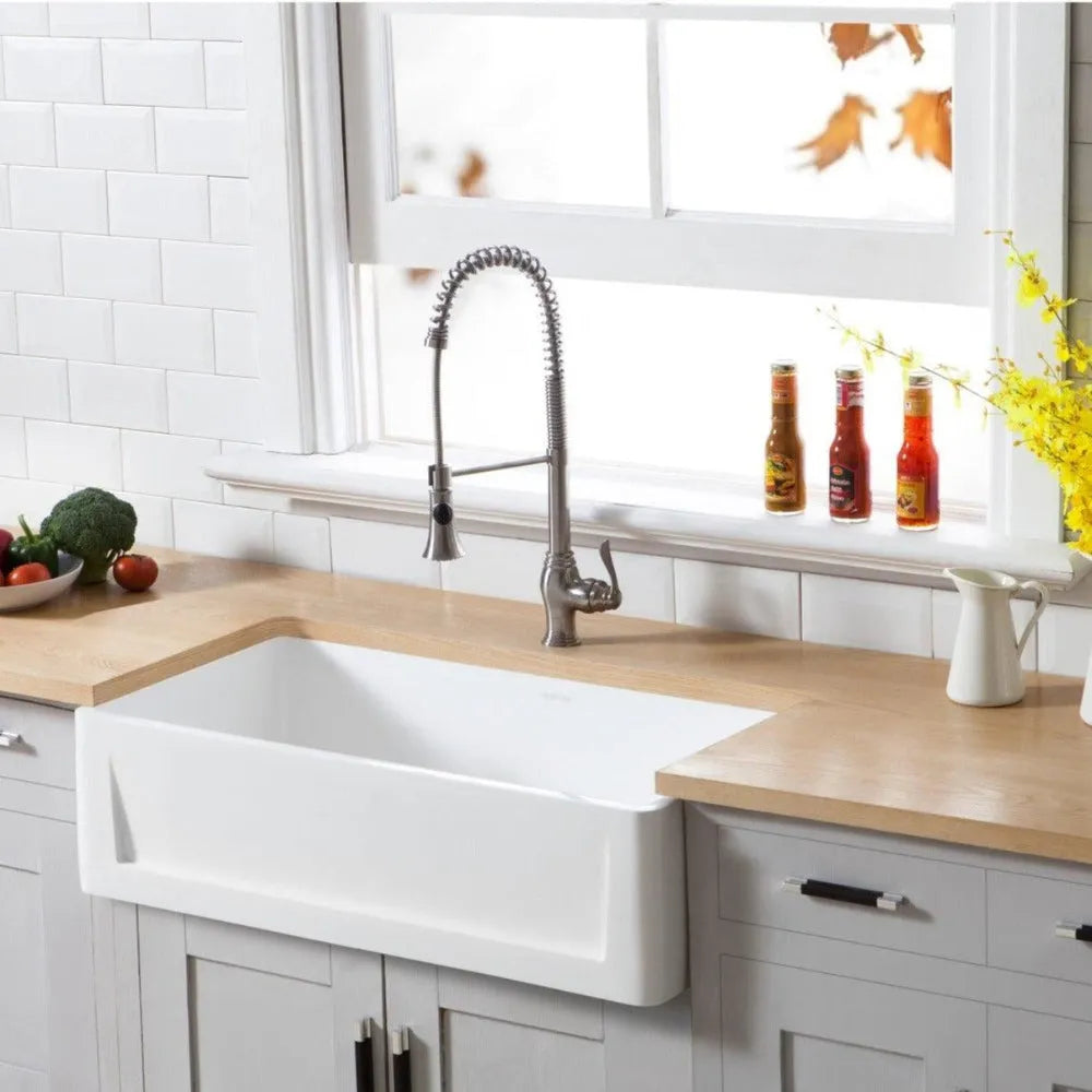 Kingston Brass 36 in. Solid Surface Matte Stone Apron Front Farmhouse Single Bowl Kitchen Sink in Matte White (GKFA361810SQ)
