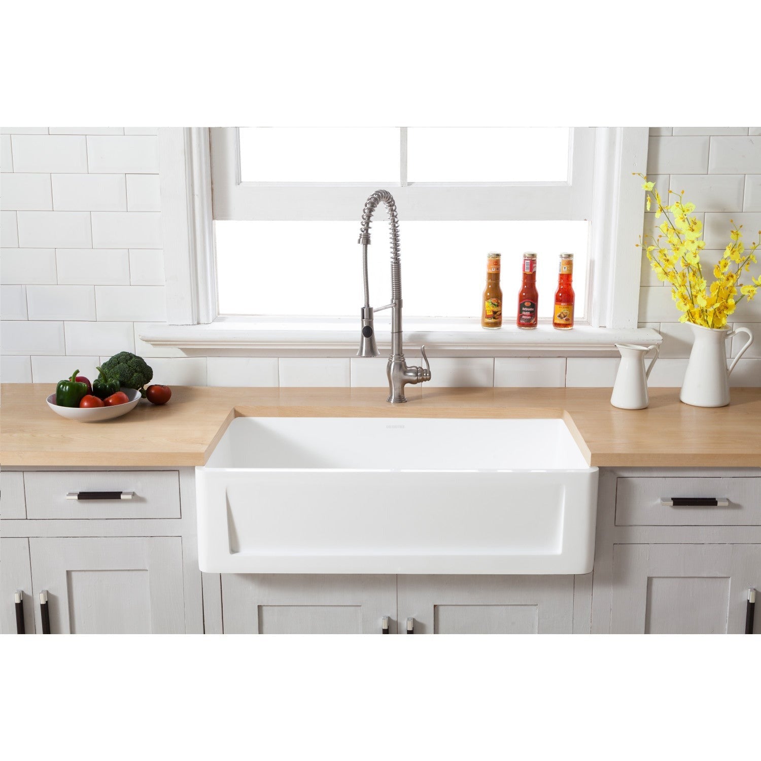 Kingston Brass 36 in. Solid Surface Matte Stone Apron Front Farmhouse Single Bowl Kitchen Sink, Matte White Matte White