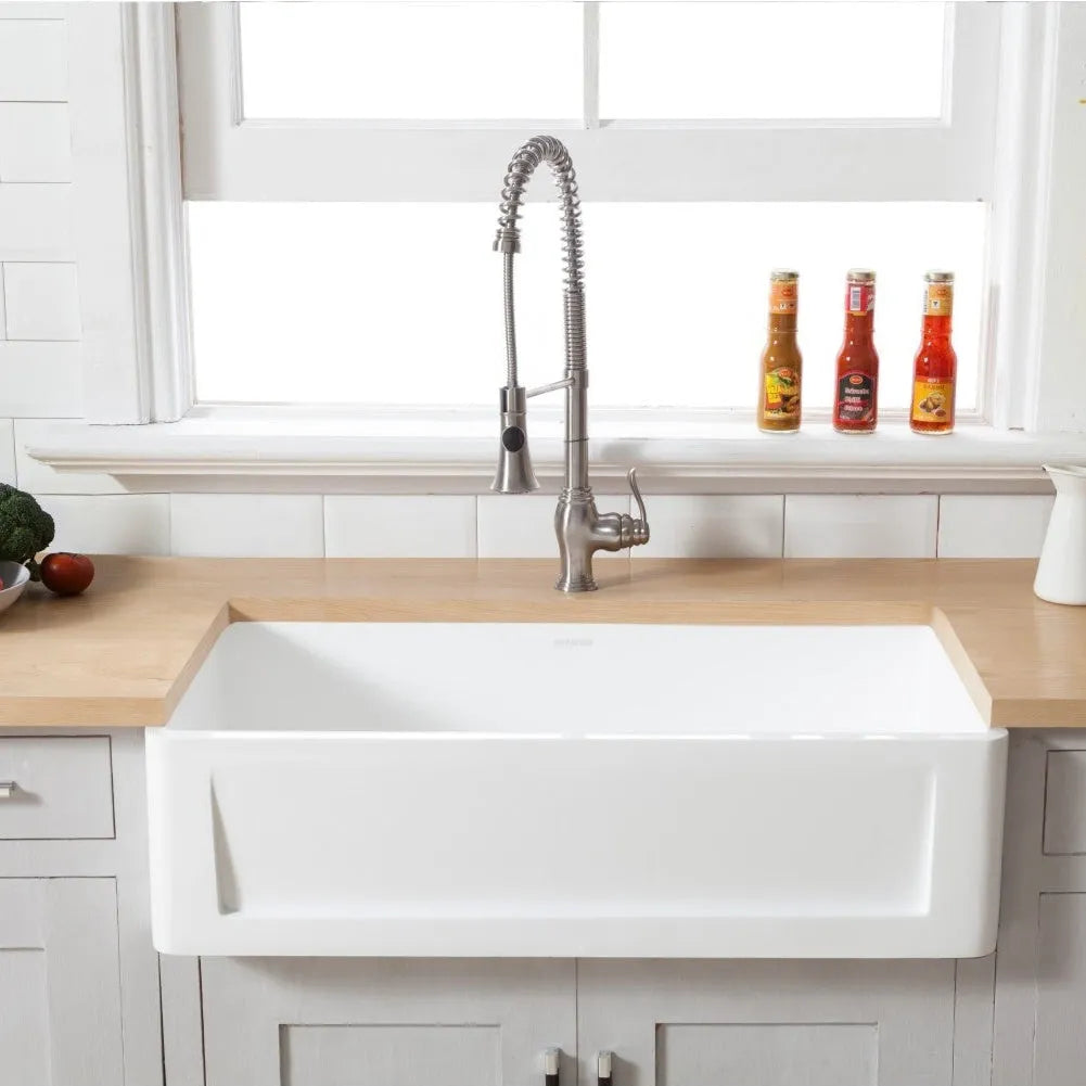 Kingston Brass 36 in. Solid Surface Matte Stone Apron Front Farmhouse Single Bowl Kitchen Sink in Matte White (GKFA361810SQ)