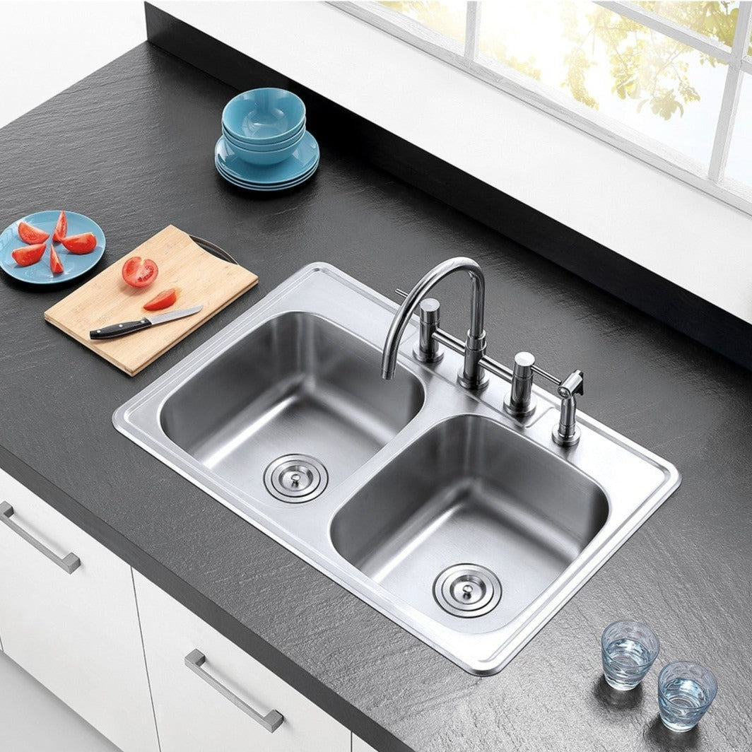 Kingston Brass 33 in. Drop-in Double Bowl Kitchen Sink, Brushed (GKTD33228) Brushed