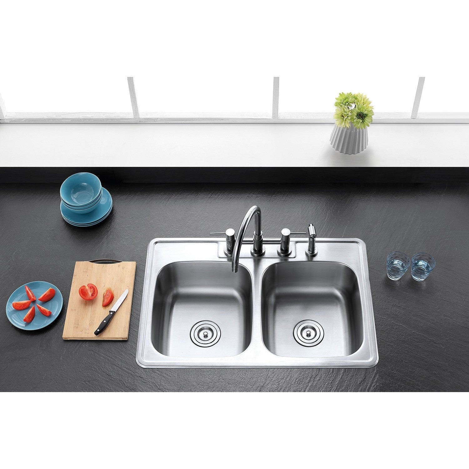 Kingston Brass 33 in. Drop-in Double Bowl Kitchen Sink, Brushed (GKTD33228) Brushed