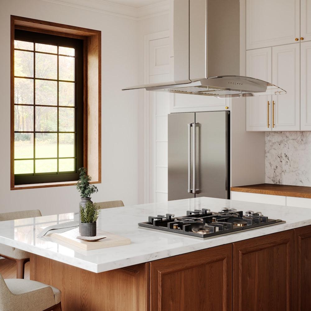 ZLINE Island Mount Range Hood in Stainless Steel and Glass (GL5i) in a luxury white kitchen with walnut details.