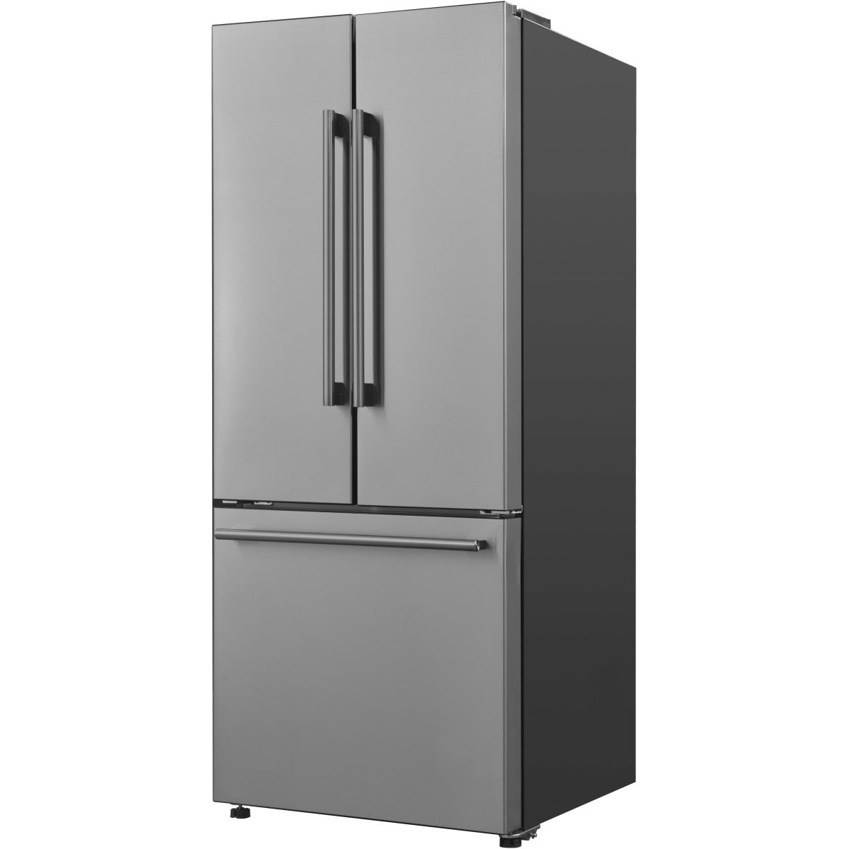 Galanz 28 in. 16 Cu. Ft. 3-Door French Door Refrigerator In Stainless Steel (GLR16FS2E16) reverse side, doors closed
