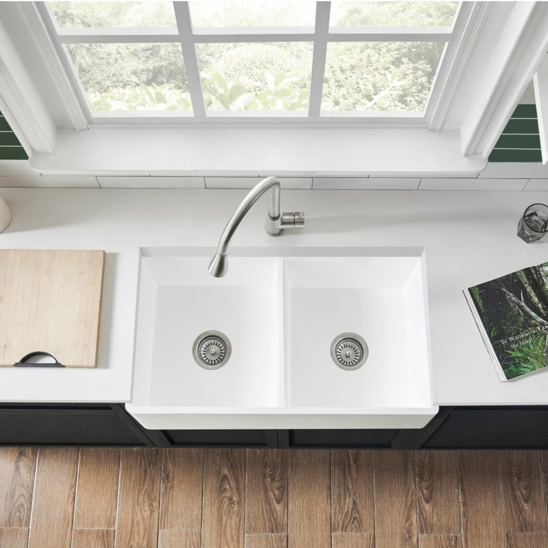 Kingston Brass Arcticstone 36 in. Solid Surface Farmhouse Kitchen Sink, Matte/Glossy White (GPFA361810BCD) Matte/Glossy White