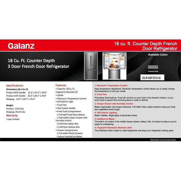 Galanz 33 in. 18-Cu. Ft Counter Depth 3-Door French Door Refrigerator In Stainless (GLR18FS5S16) 