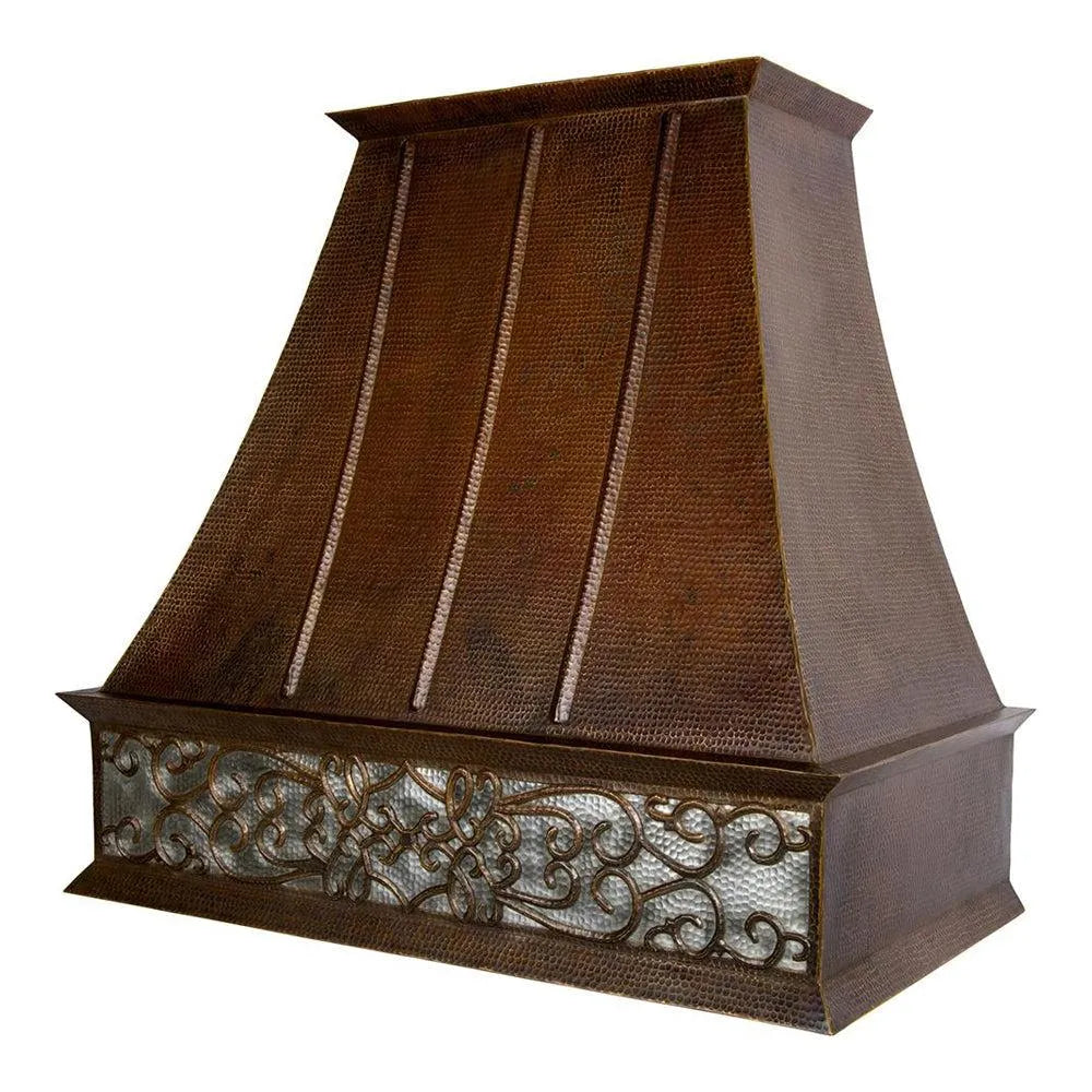 Premier Copper 38 in. Euro Wall Mounted Range Hood with Nickel Background Scroll Design in Hammered Copper main image.