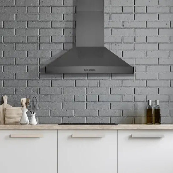 Hauslane Chef 30 in. Convertible Black Stainless Steel Wall Mount Range Hood (WM-590BSS-30) lifestyle, in a modern kitchen.