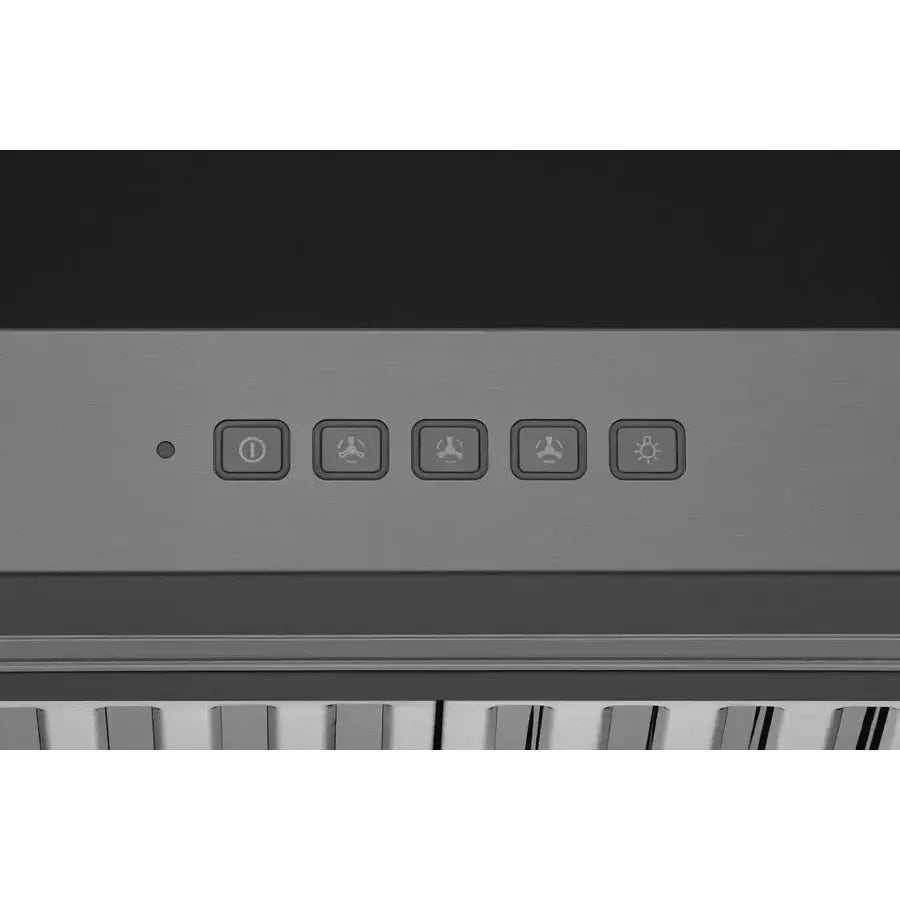 Hauslane Chef 30 in. Convertible Black Stainless Steel Wall Mount Range Hood (WM-590BSS-30) close-up, button controls.