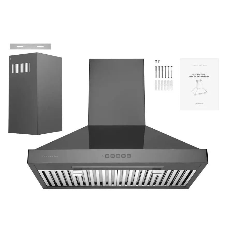 Hauslane Chef 30 in. Convertible Black Stainless Steel Wall Mount Range Hood (WM-590BSS-30) with included chimney and hardware.