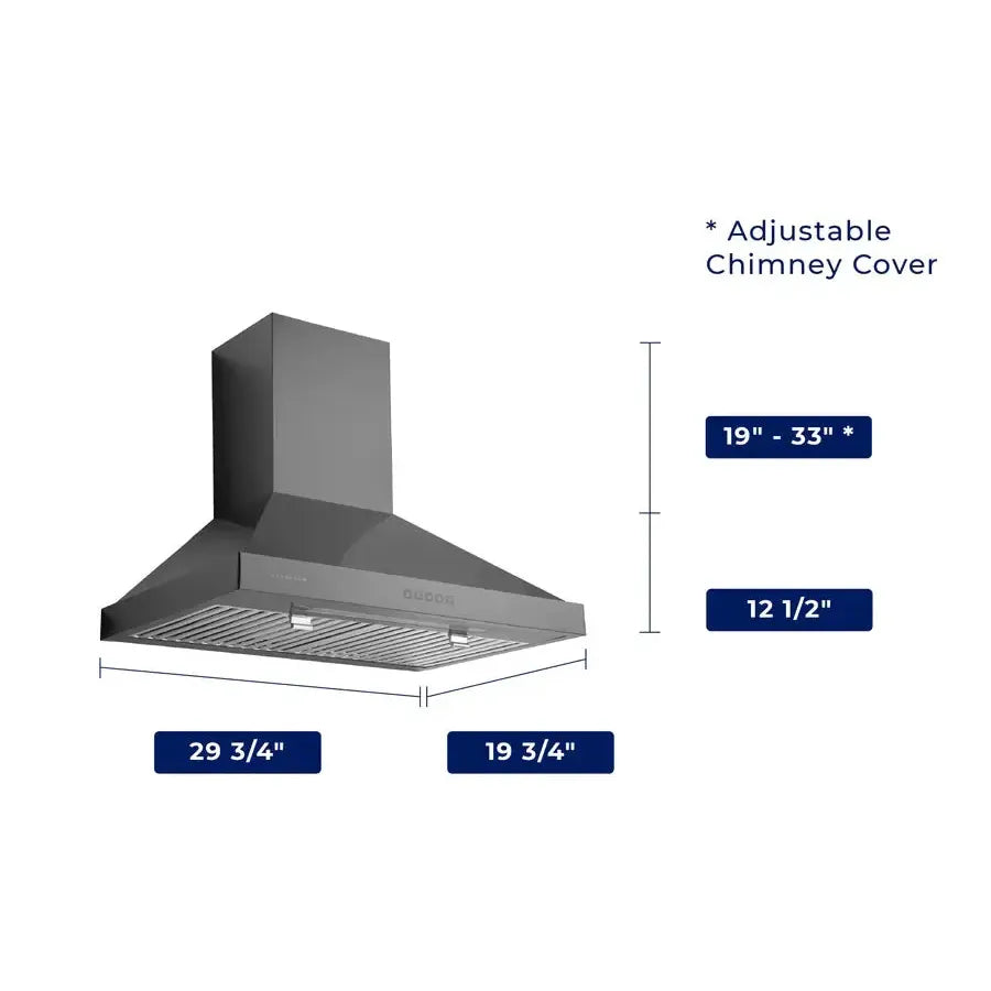 Hauslane Chef 30 in. Convertible Black Stainless Steel Wall Mount Range Hood (WM-590BSS-30) dimensional diagram with measurements.