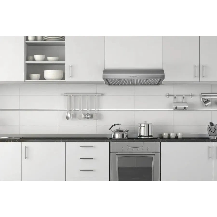 Hauslane Chef 30 in. Convertible Stainless Steel Under Cabinet Range Hood (UC-B018SS-30) lifestyle, in a modern kitchen.