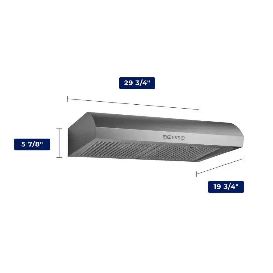 Hauslane Chef 30 in. Convertible Stainless Steel Under Cabinet Range Hood (UC-B018SS-30) dimensional diagram with measurements.