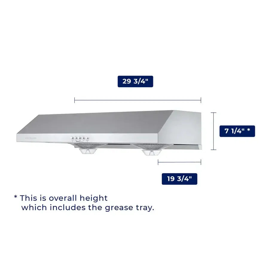 Hauslane Chef 30 in. Ducted Stainless Steel Under Cabinet Range Hood (UC-C100SS-30) dimensional diagram with measurements.