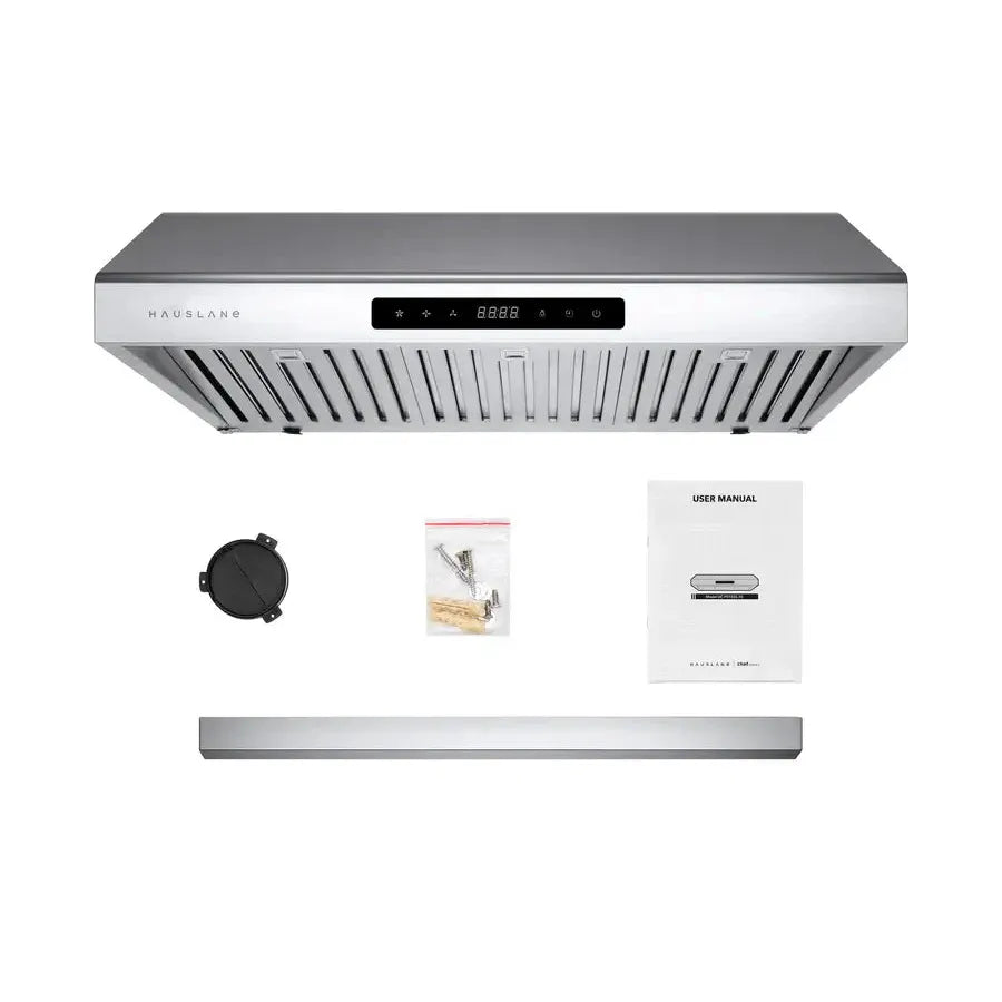 Hauslane Chef 30 in. Ducted Stainless Steel Under Cabinet Range Hood (UC-PS10SS-30) with included parts and hardware. 