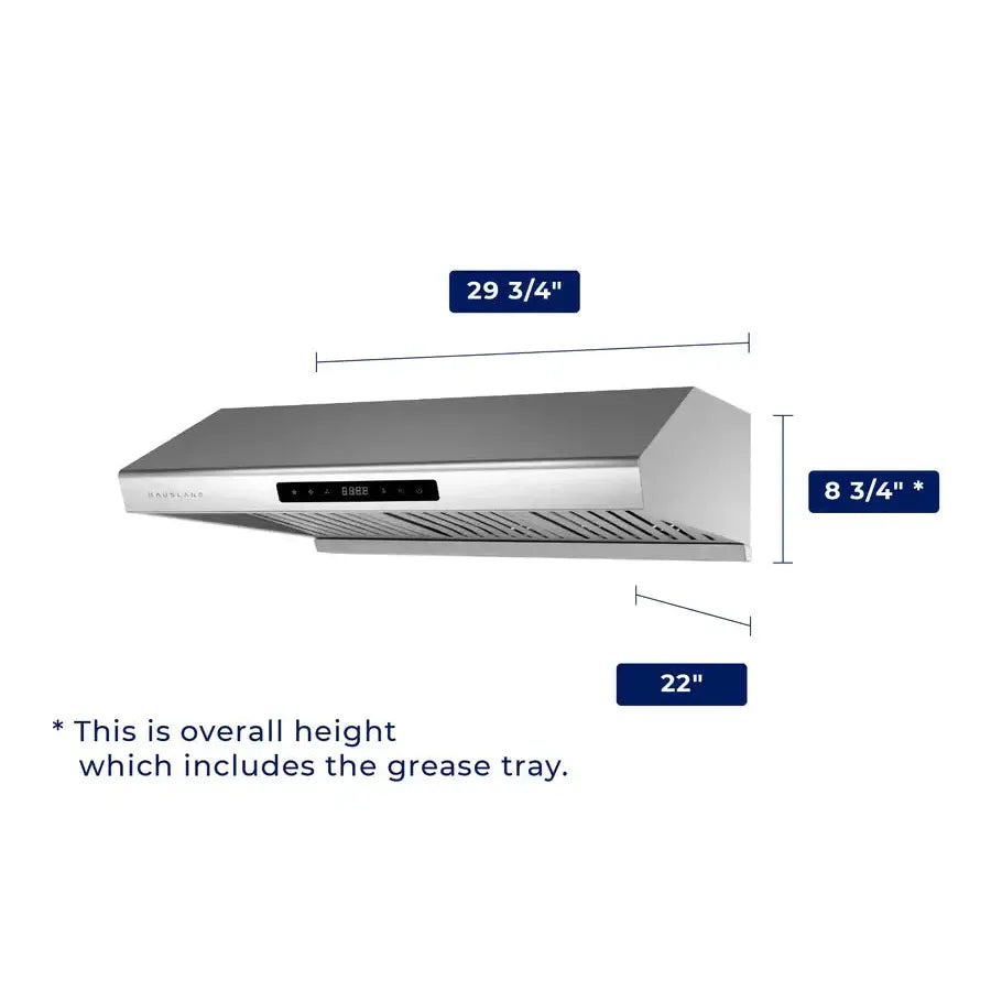 Hauslane Chef 30 in. Ducted Stainless Steel Under Cabinet Range Hood (UC-PS10SS-30) dimensional diagram with measurements.