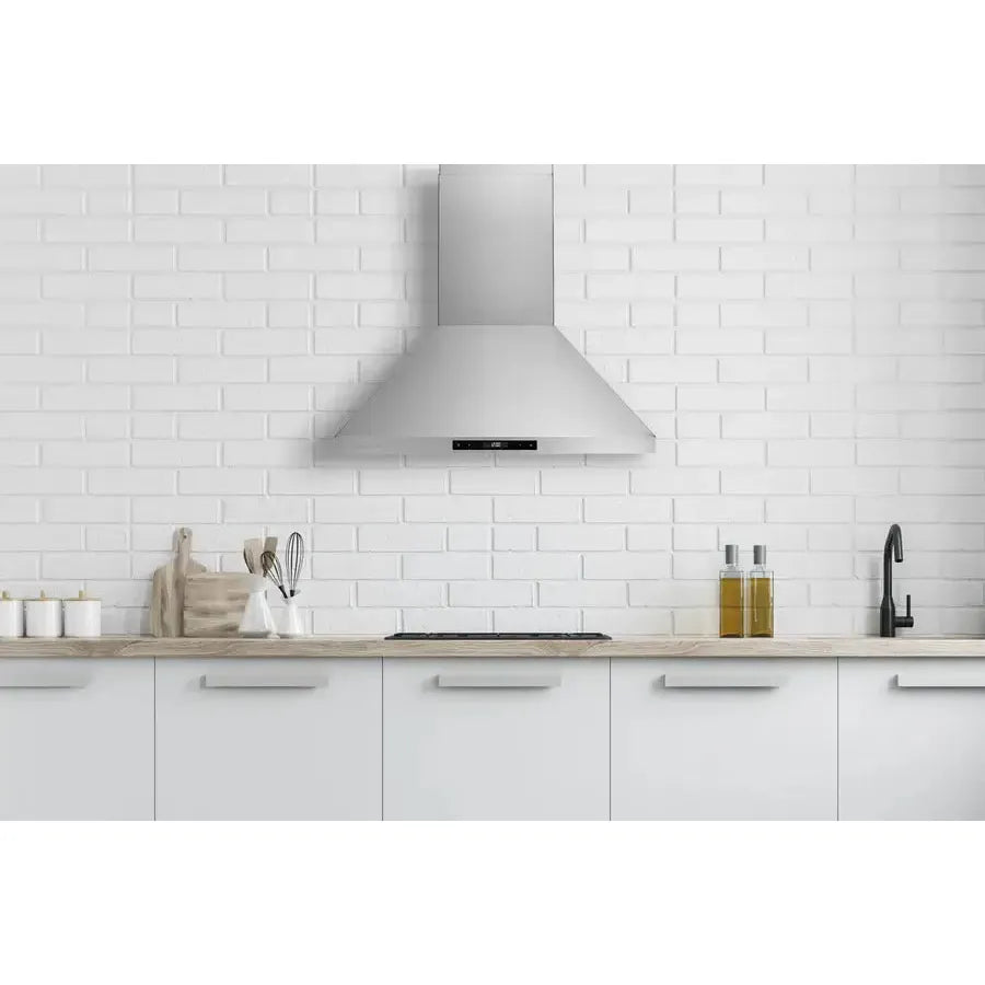 Hauslane Chef Convertible Stainless Steel Wall Mount Range Hood (WM-538SS) lifestyle, in a farmhouse-style kitchen.
