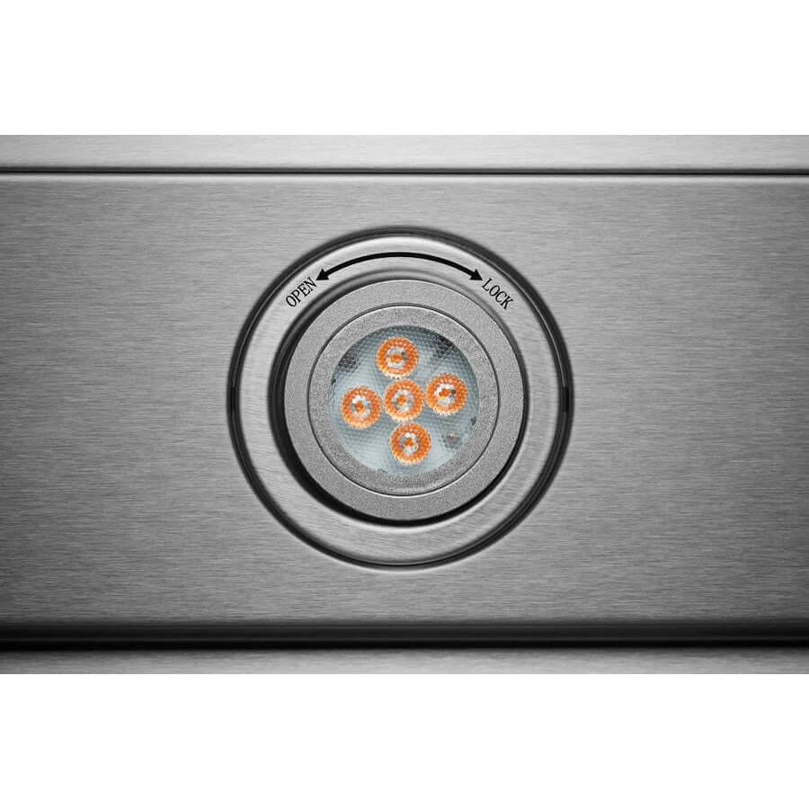 Hauslane Chef Convertible Stainless Steel Wall Mount Range Hood (WM-538SS) close-up, LED lighting.