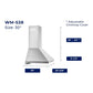 Hauslane Chef Convertible Stainless Steel Wall Mount Range Hood (WM-538SS) dimensional diagram with measurements for 30-inch size.